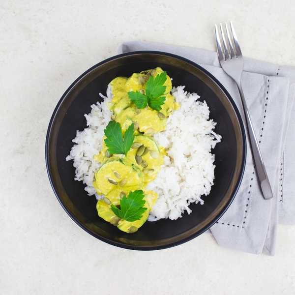 Curry de courgette et graines de courges, riz basmati